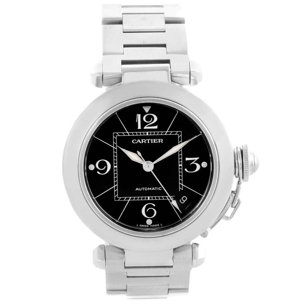 The image shows a front view of a Cartier Pasha W31076M7 Women's Stainless Steel Black Dial W31076M7 Women's Stainless Steel Black Dial watch, highlighting the dial, hour markers, hands, and bracelet.