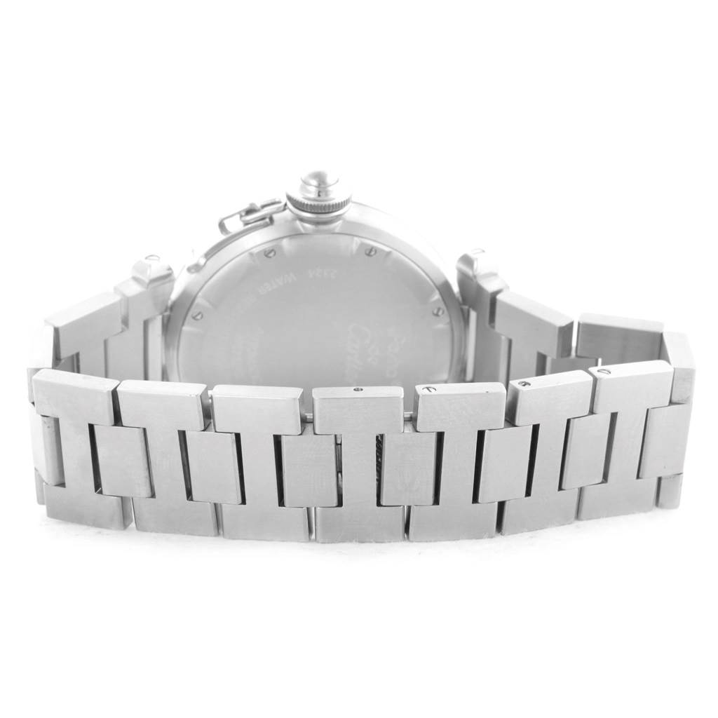 The image shows the back and metal bracelet of a Cartier Pasha W31076M7 Women's Stainless Steel Black Dial W31076M7 Women's Stainless Steel Black Dial watch.