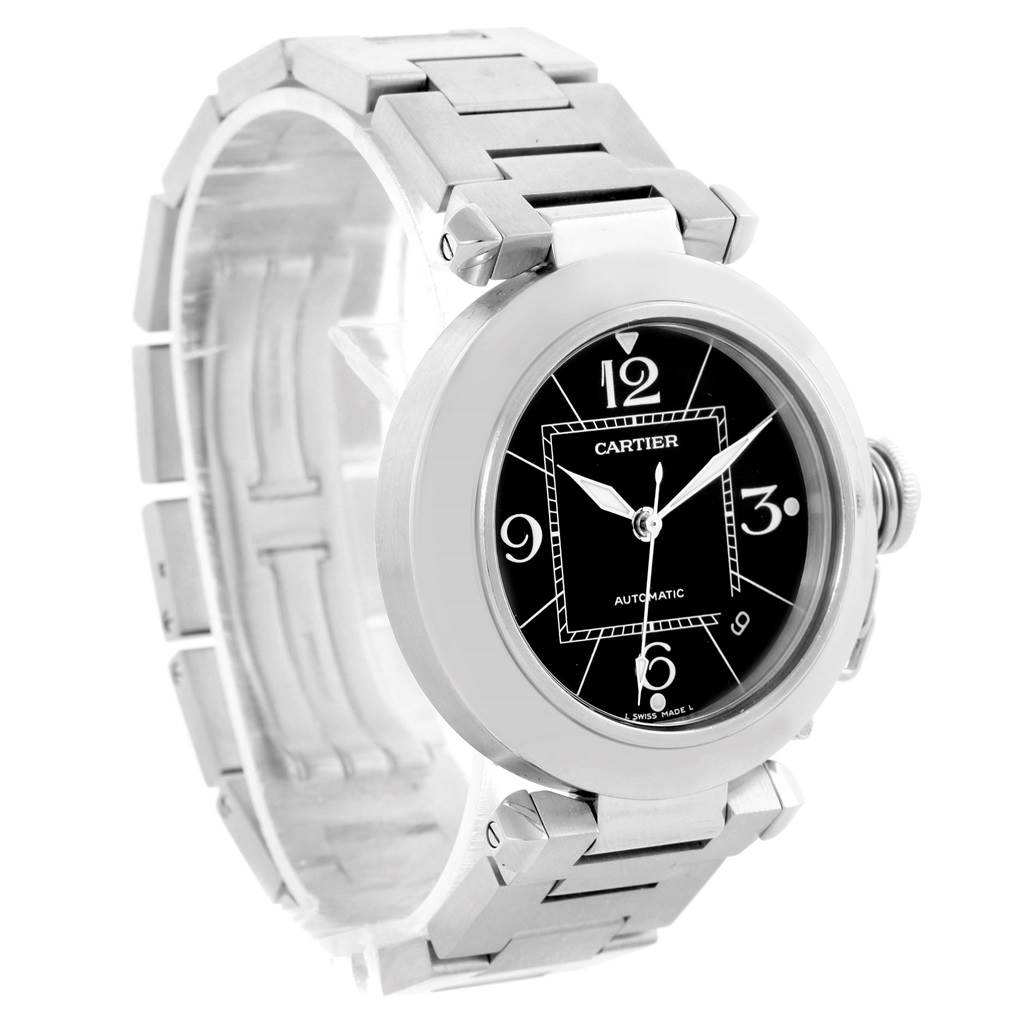 The image shows a Cartier Pasha W31076M7 Women's Stainless Steel Black Dial W31076M7 Women's Stainless Steel Black Dial watch with a metal bracelet, viewed at a three-quarter angle from the front-left.