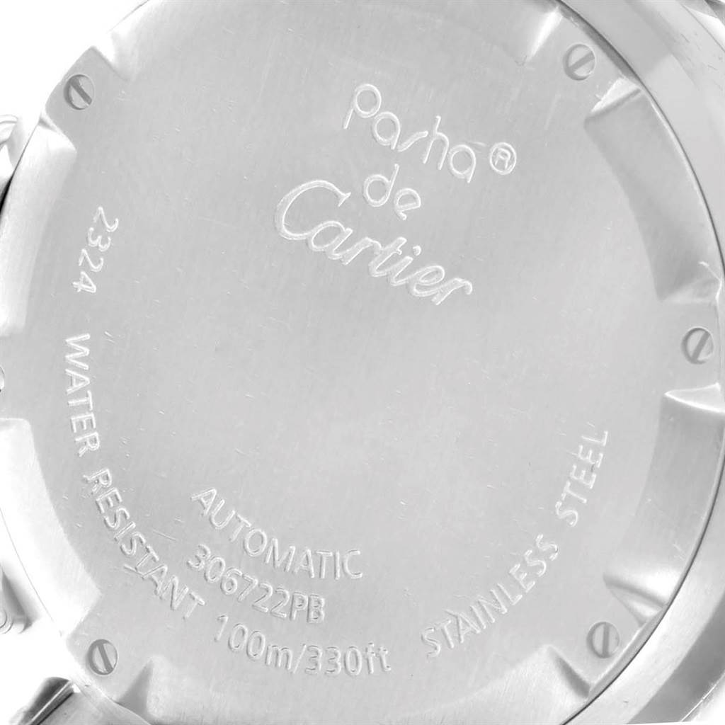 This image shows the back case of a Cartier Pasha W31076M7 Women's Stainless Steel Black Dial W31076M7 Women's Stainless Steel Black Dial watch, displaying the model name, water resistance, and material details.