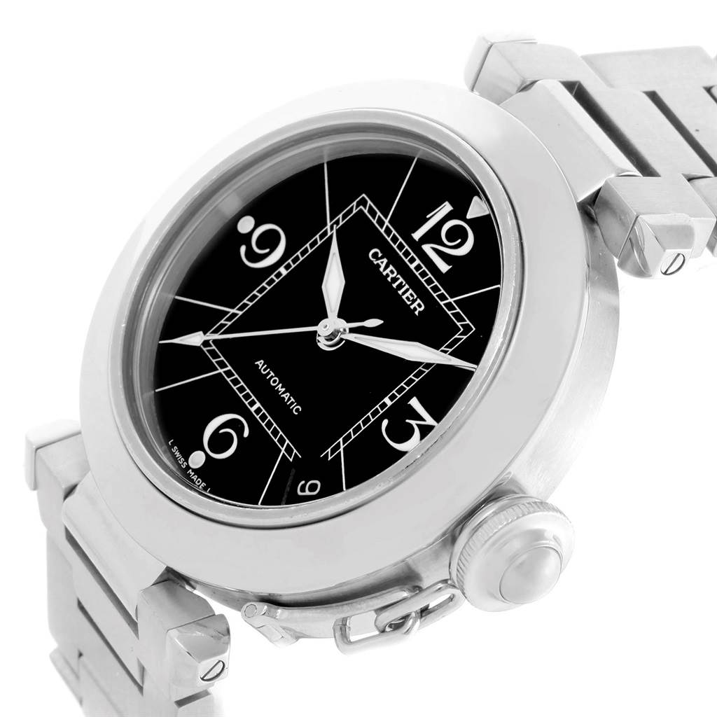 The Cartier Pasha W31076M7 Women's Stainless Steel Black Dial W31076M7 Women's Stainless Steel Black Dial watch is shown at an oblique angle, highlighting its round face, bezel, and part of the bracelet.