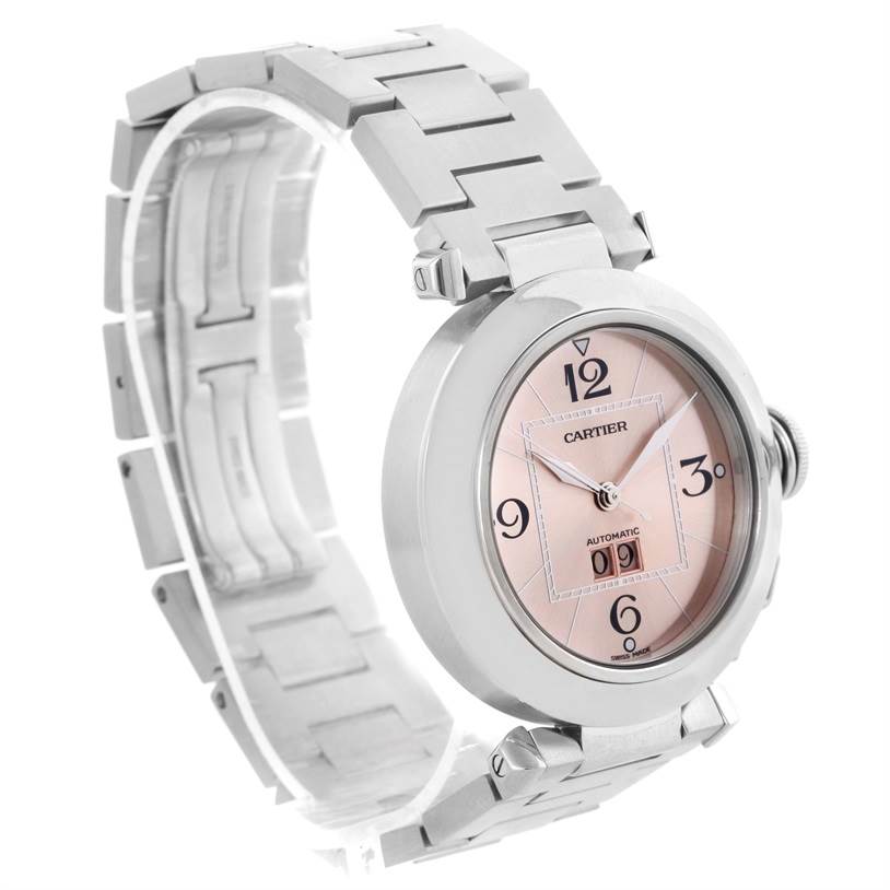 The image shows a Cartier Pasha W31058M7 Women
s Stainless Steel Pink Dial W31058M7 Women
s Stainless Steel Pink Dial watch in a side angle, highlighting the round case, dial, crown, and metal bracelet.