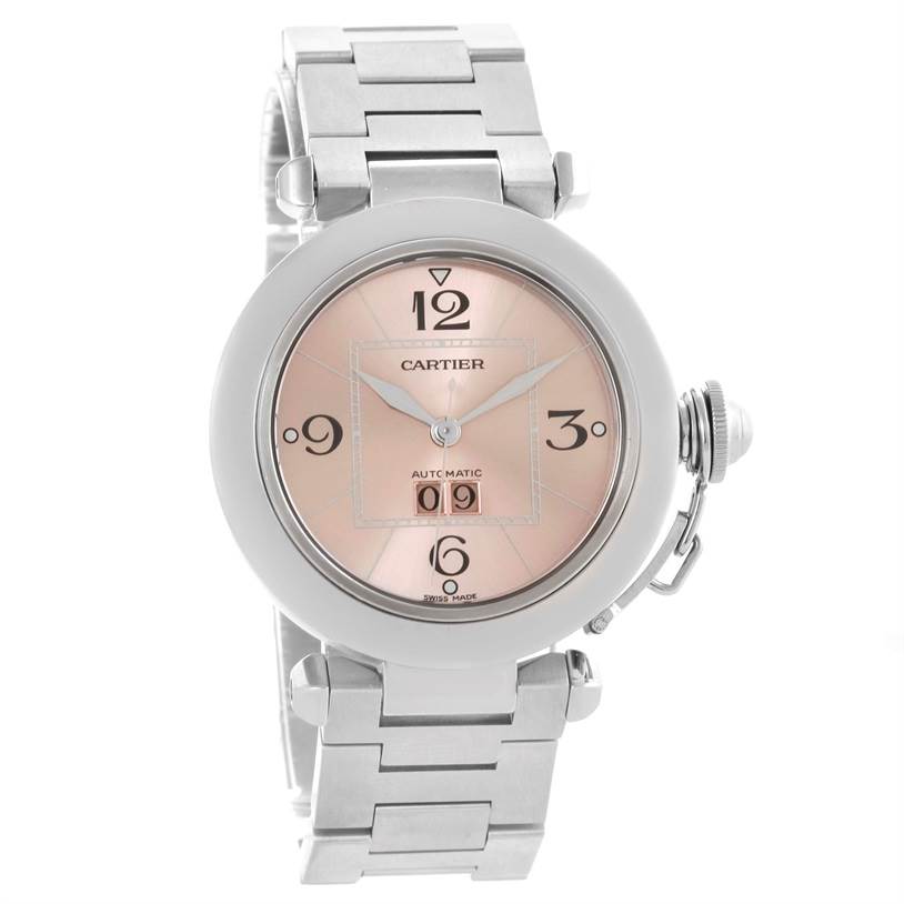 The Cartier Pasha W31058M7 Women
s Stainless Steel Pink Dial W31058M7 Women
s Stainless Steel Pink Dial watch is shown from a front angle, displaying its dial, bracelet, and crown cover.