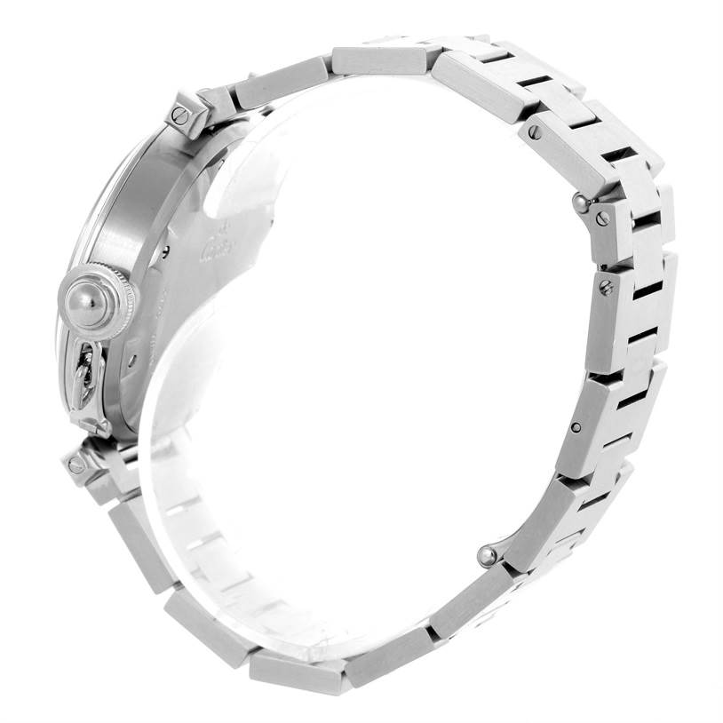 This image shows the side view of the Cartier Pasha W31058M7 Women
s Stainless Steel Pink Dial W31058M7 Women
s Stainless Steel Pink Dial watch, focusing on the case and bracelet.