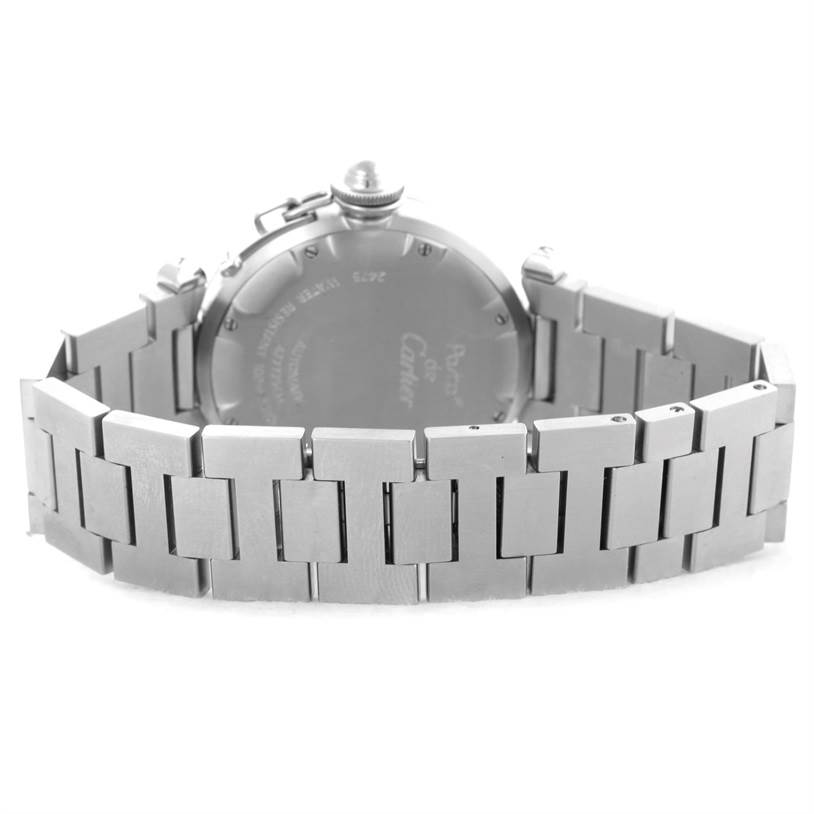 The photo shows the back view of the Cartier Pasha W31058M7 Women
s Stainless Steel Pink Dial W31058M7 Women
s Stainless Steel Pink Dial watch and its stainless steel bracelet.