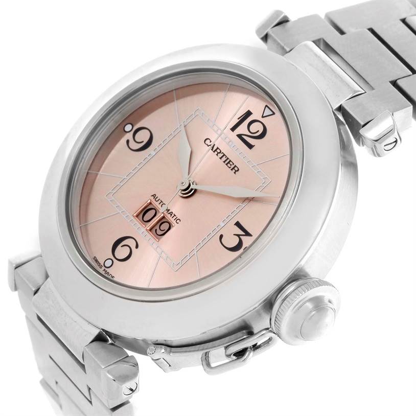 The image shows a Cartier Pasha W31058M7 Women
s Stainless Steel Pink Dial W31058M7 Women
s Stainless Steel Pink Dial watch, displaying its face, crown, and partial metal bracelet, viewed from a three-quarter angle.