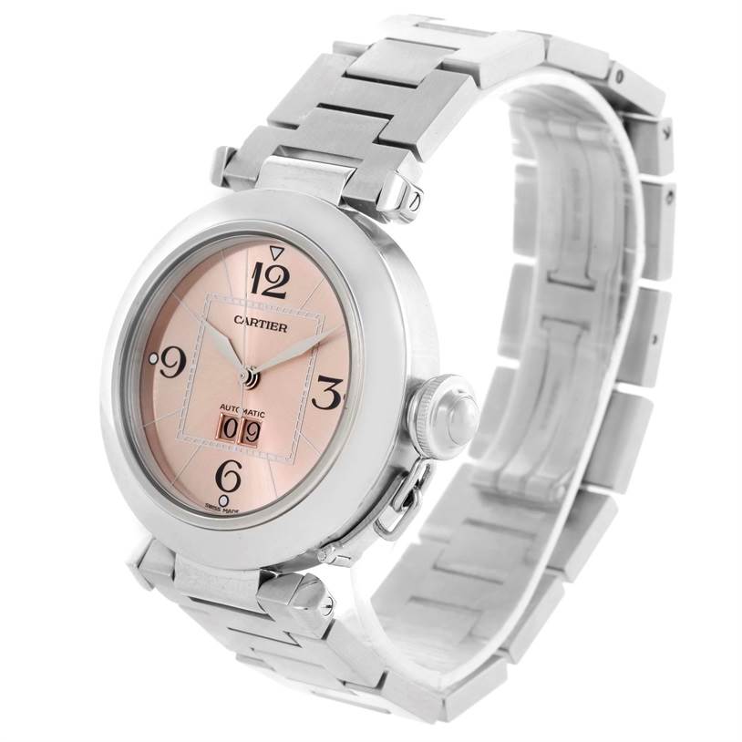 This image shows a Cartier Pasha W31058M7 Women
s Stainless Steel Pink Dial W31058M7 Women
s Stainless Steel Pink Dial watch at a three-quarter angle, displaying the watch face, crown, and part of the metal bracelet.