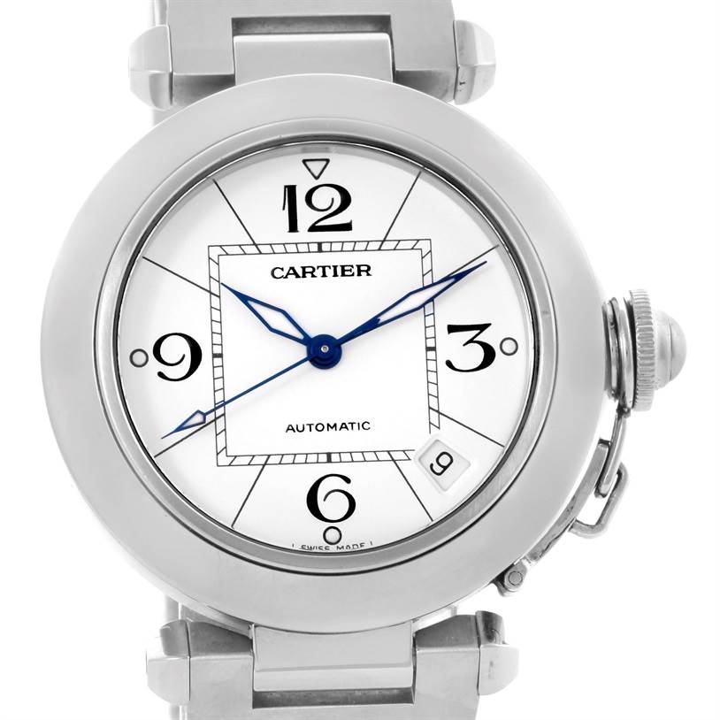 The image shows a close-up front view of the Cartier Pasha W31074M7 Women's Stainless Steel White Dial W31074M7 Women's Stainless Steel White Dial watch, highlighting the dial and case.
