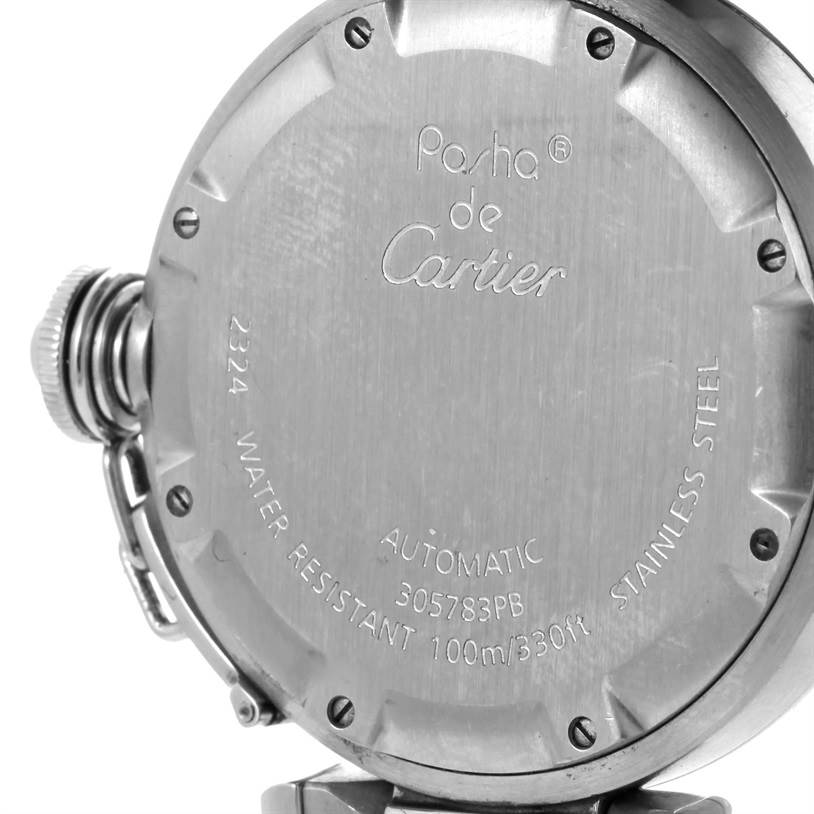 The image shows the back case of a Cartier Pasha W31074M7 Women's Stainless Steel White Dial W31074M7 Women's Stainless Steel White Dial watch, including details like water resistance, model number, and material.