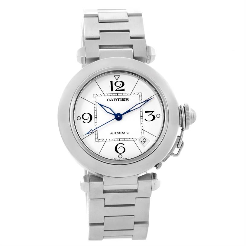 This image shows the front view of a Cartier Pasha W31074M7 Women's Stainless Steel White Dial W31074M7 Women's Stainless Steel White Dial watch, displaying its face, numerals, hands, and bracelet.