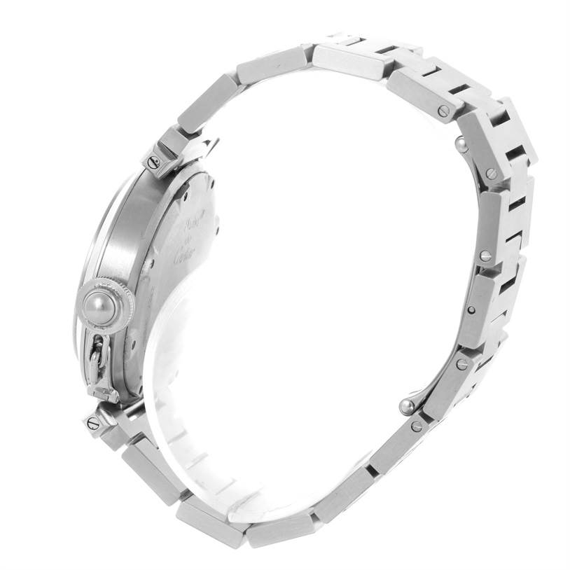 The Cartier Pasha W31074M7 Women's Stainless Steel White Dial W31074M7 Women's Stainless Steel White Dial watch is shown from a side angle, displaying the crown and metallic bracelet links.