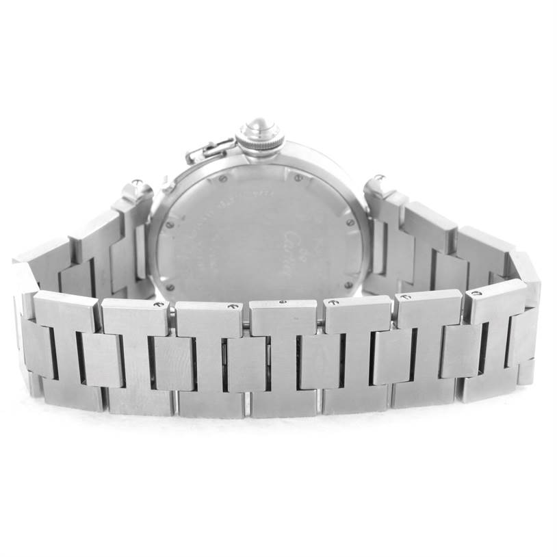This image shows the back view of a Pasha model watch by Cartier, highlighting its stainless steel bracelet and case back.
