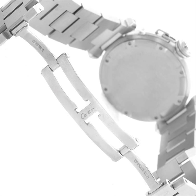 The image shows the underside of the Cartier Pasha W31074M7 Women's Stainless Steel White Dial W31074M7 Women's Stainless Steel White Dial watch, highlighting the clasp and part of the strap.
