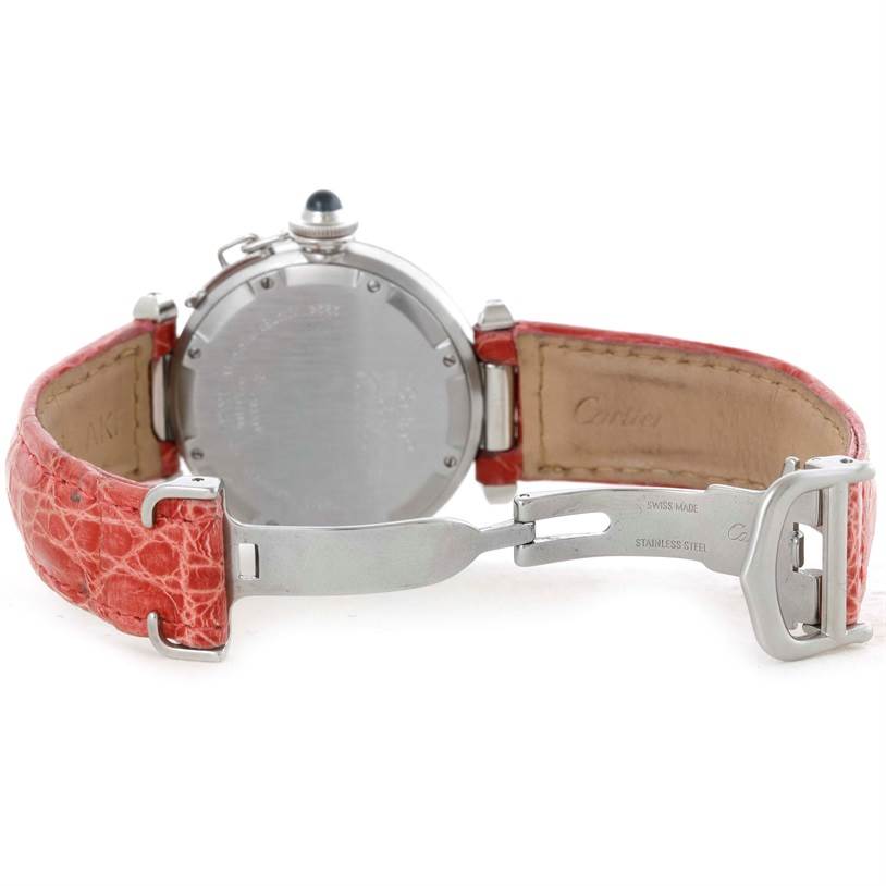 This image shows the back case and the inside of the strap of a Cartier Pasha W3108199 Women's Stainless Steel Pink Dial W3108199 Women's Stainless Steel Pink Dial watch, including the clasp and buckle.