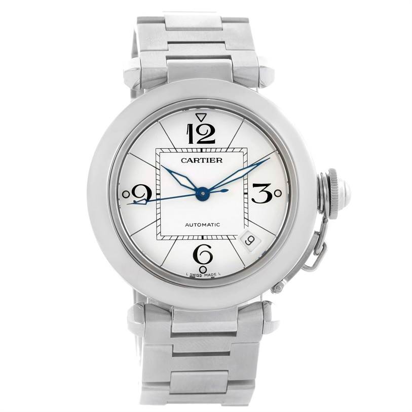 The image shows a front view of the Cartier Pasha W31074M7 Women's Stainless Steel White Dial W31074M7 Women's Stainless Steel White Dial model watch, highlighting its face, dial, and bracelet.