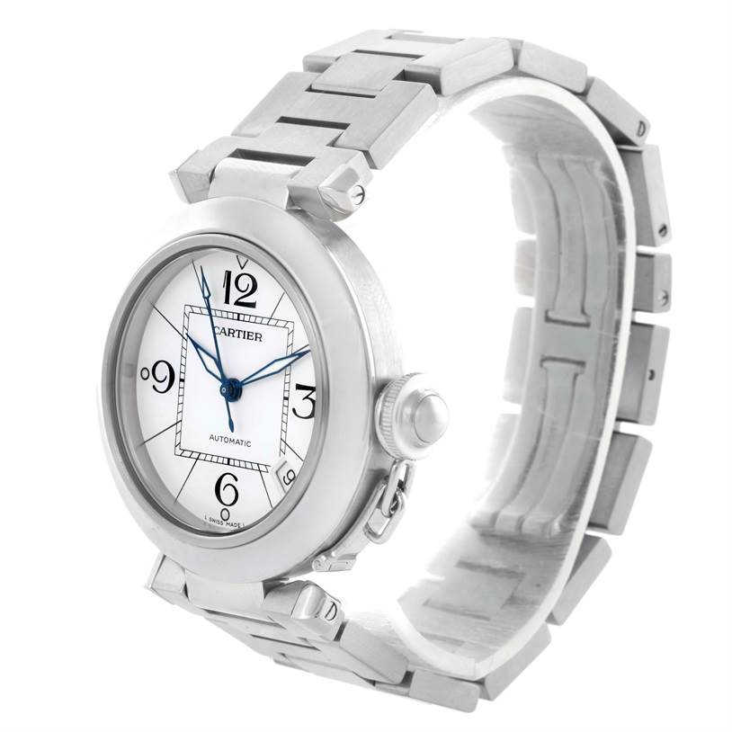 The image shows a Cartier Pasha W31074M7 Women's Stainless Steel White Dial W31074M7 Women's Stainless Steel White Dial watch at a three-quarter angle, highlighting the face, bracelet, and crown.