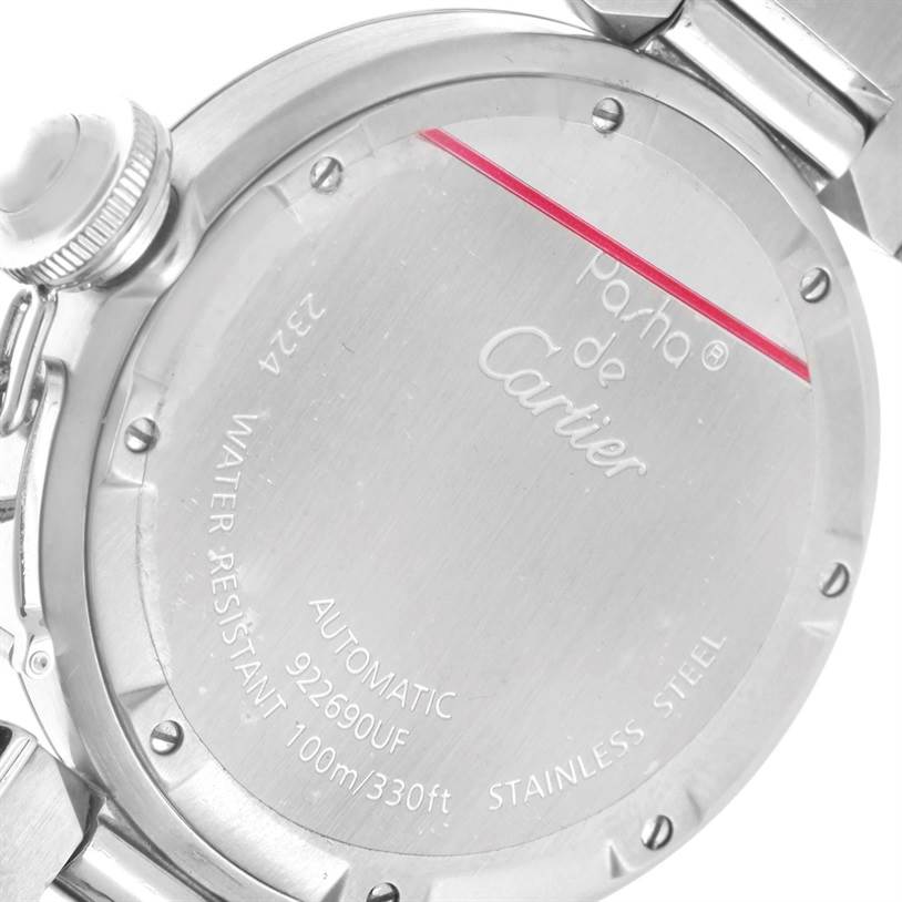 The image shows the back case of a Cartier Pasha W31074M7 Women's Stainless Steel White Dial W31074M7 Women's Stainless Steel White Dial watch, highlighting its engravings and metal bracelet.