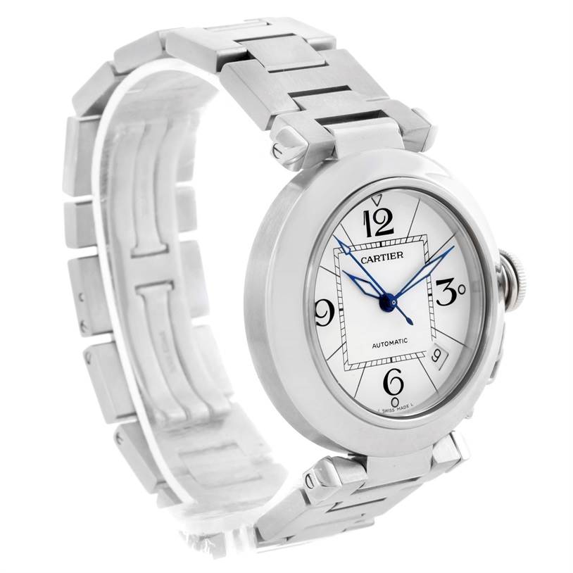 The Cartier Pasha W31074M7 Women's Stainless Steel White Dial W31074M7 Women's Stainless Steel White Dial watch is shown at a three-quarter angle, displaying the face, bracelet, and crown.