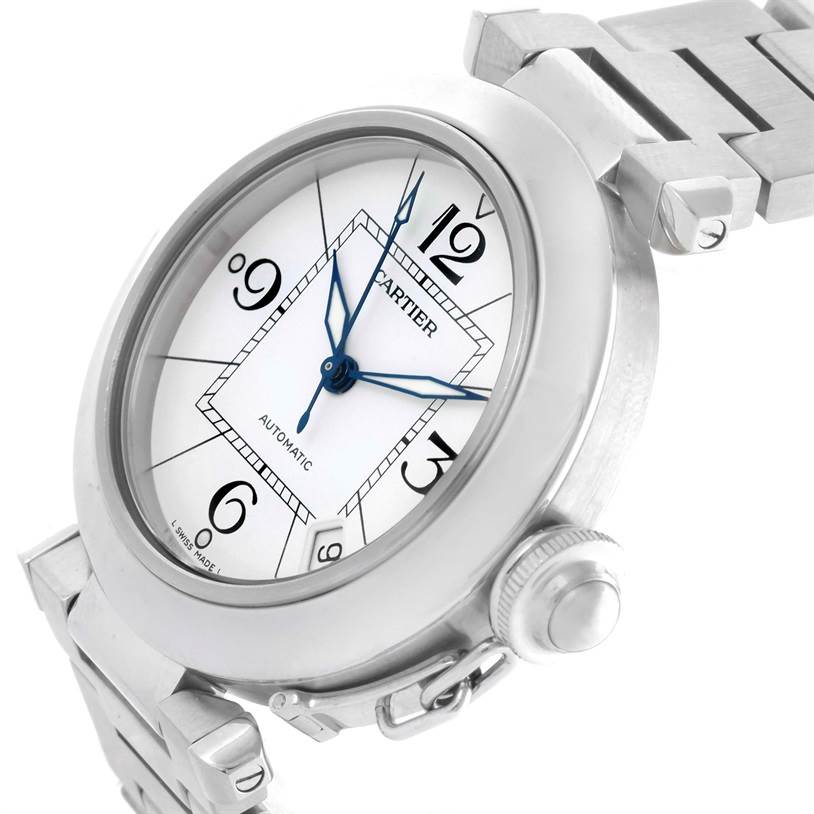The image shows a Cartier Pasha W31074M7 Women's Stainless Steel White Dial W31074M7 Women's Stainless Steel White Dial model watch from a tilted side angle, highlighting its dial, bezel, bracelet, and crown.
