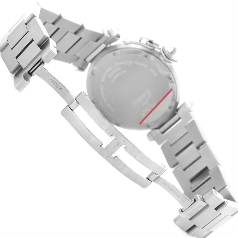 The image shows the backside and bracelet of the Cartier Pasha W31074M7 Women's Stainless Steel White Dial W31074M7 Women's Stainless Steel White Dial watch, with focus on the clasp and the case back.