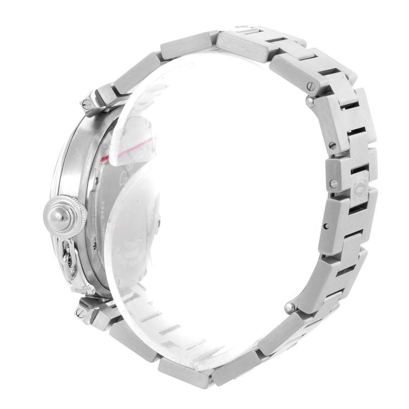 The image shows a side view of the Cartier Pasha W31074M7 Women's Stainless Steel White Dial W31074M7 Women's Stainless Steel White Dial watch, highlighting its metal bracelet and crown.