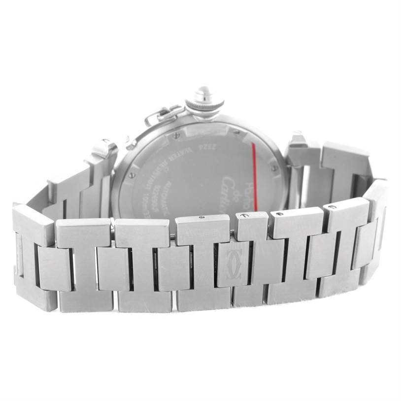The image shows the back and bracelet of a Cartier Pasha W31074M7 Women's Stainless Steel White Dial W31074M7 Women's Stainless Steel White Dial watch, taken from a rear angle.