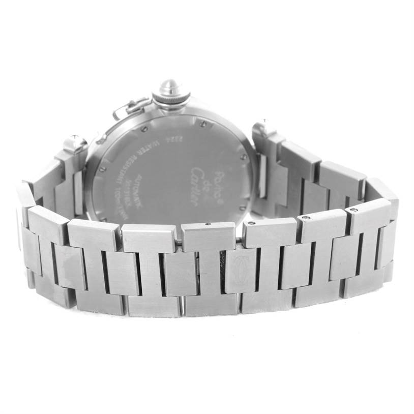 This image shows the back view of the Cartier Pasha W31075M7 Women
s Stainless Steel Pink Dial W31075M7 Women
s Stainless Steel Pink Dial watch, highlighting the case back and metal bracelet.