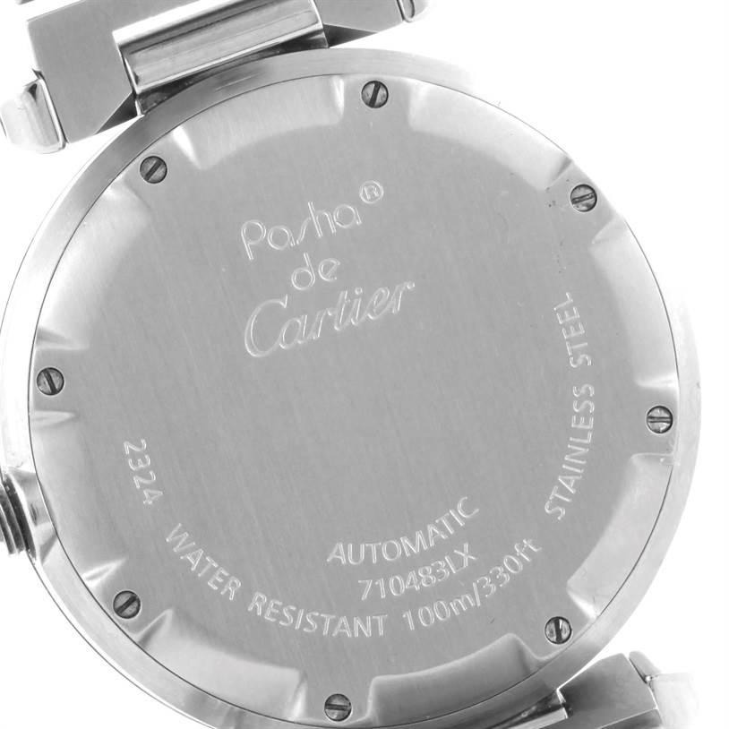 This image shows the back case of a Cartier Pasha W31074M7 Stainless Steel White Dial W31074M7 Stainless Steel White Dial watch, highlighting engravings and screws.