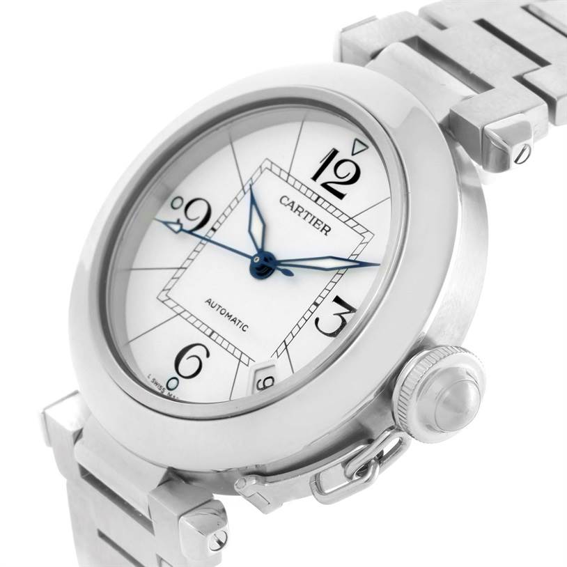The image shows a close-up view of the Cartier Pasha W31074M7 Stainless Steel White Dial W31074M7 Stainless Steel White Dial watch displaying its dial, case, bracelet, and crown.