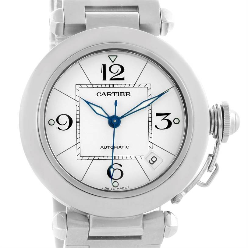 This image shows a front view of the Cartier Pasha W31074M7 Stainless Steel White Dial W31074M7 Stainless Steel White Dial watch, including its dial, bezel, and part of the bracelet.