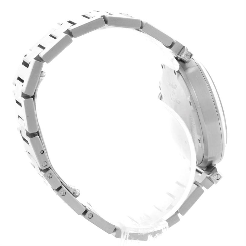 The image shows a sideways view of the Cartier Pasha W31074M7 Stainless Steel White Dial W31074M7 Stainless Steel White Dial watch, focusing on the bracelet and watch case back.