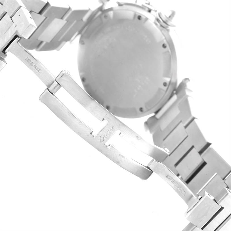 The image shows the back and the bracelet clasp of the Cartier Pasha W31074M7 Stainless Steel White Dial W31074M7 Stainless Steel White Dial watch at an angle.
