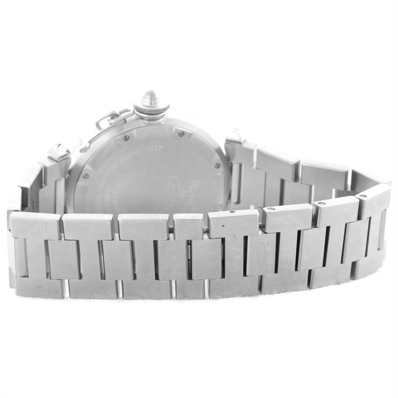This image shows the back case and metal bracelet of a Cartier Pasha W31074M7 Stainless Steel White Dial W31074M7 Stainless Steel White Dial watch.