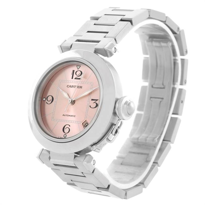 The image shows a Cartier Pasha W31075M7 Women's Stainless Steel Pink Dial W31075M7 Women's Stainless Steel Pink Dial watch at a slight angle, highlighting its face, bracelet, and crown.