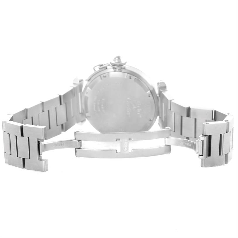 The image displays the opened clasp and back view of the Cartier Pasha W31075M7 Women's Stainless Steel Pink Dial W31075M7 Women's Stainless Steel Pink Dial model watch.