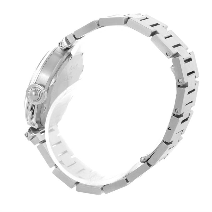 The image shows a side view of the Cartier Pasha W31075M7 Women's Stainless Steel Pink Dial W31075M7 Women's Stainless Steel Pink Dial watch focusing on its bracelet and crown.