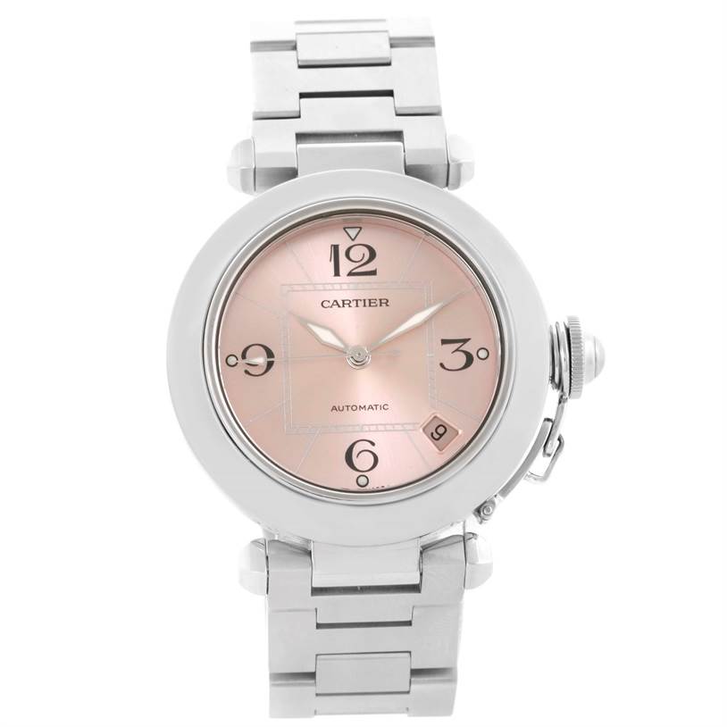 The image shows a front view of a Cartier Pasha W31075M7 Women's Stainless Steel Pink Dial W31075M7 Women's Stainless Steel Pink Dial watch, featuring its dial, bezel, bracelet, and crown.