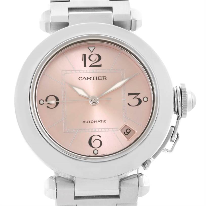 The image shows a front view of the dial and part of the bracelet of a Cartier Pasha W31075M7 Women's Stainless Steel Pink Dial W31075M7 Women's Stainless Steel Pink Dial Automatic watch.