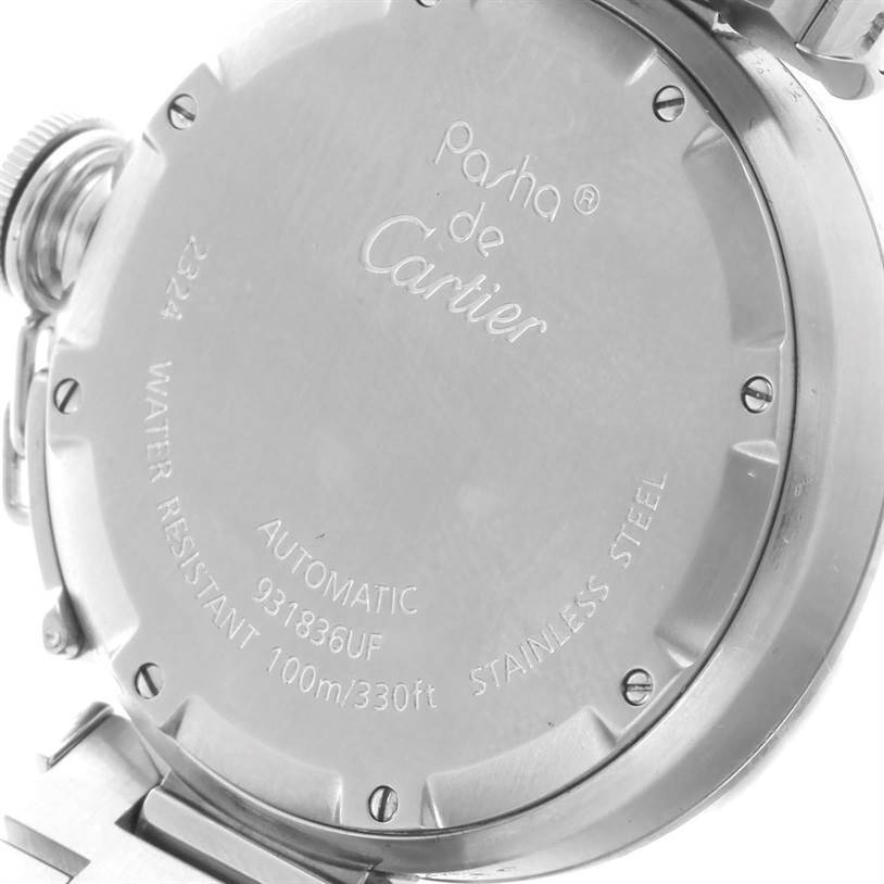 The image shows the back case of a Cartier Pasha W31075M7 Women's Stainless Steel Pink Dial W31075M7 Women's Stainless Steel Pink Dial watch, displaying its model details and specifications.