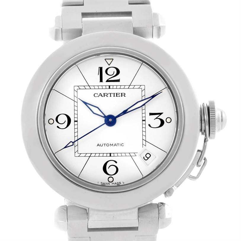 This image displays a front view of the Cartier Pasha W31074M7 Women's Stainless Steel White Dial W31074M7 Women's Stainless Steel White Dial model watch, showing the dial, blue hands, and crown guard.