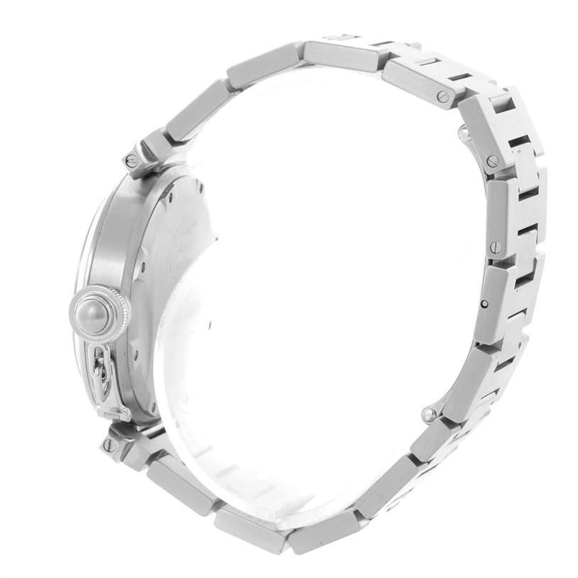 This image shows a side view of the Cartier Pasha W31074M7 Women's Stainless Steel White Dial W31074M7 Women's Stainless Steel White Dial model watch, focusing on its crown and bracelet.
