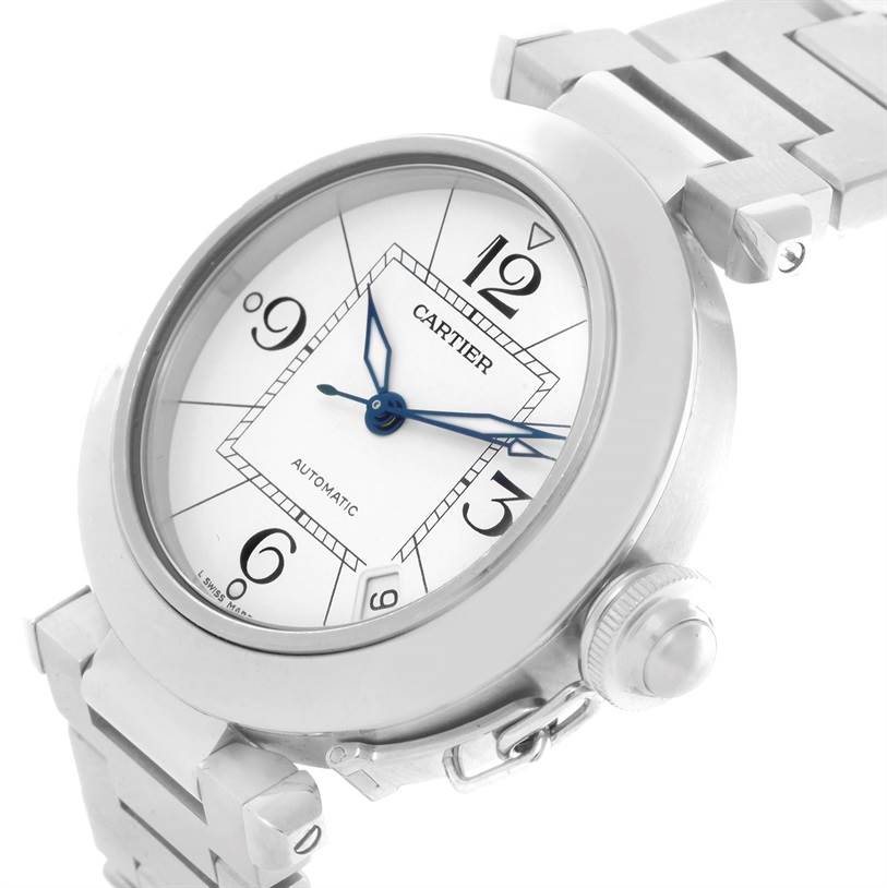 This image shows a Cartier Pasha W31074M7 Women's Stainless Steel White Dial W31074M7 Women's Stainless Steel White Dial watch angled to highlight the face, bezel, and part of the bracelet.