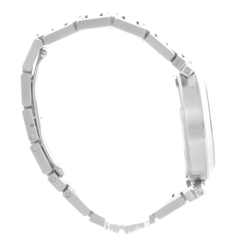The image shows a side view of the Cartier Pasha W31074M7 Women's Stainless Steel White Dial W31074M7 Women's Stainless Steel White Dial watch, highlighting its metal band and case.