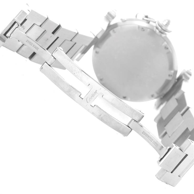 The image shows the clasp and partial bracelet of a Cartier Pasha W31074M7 Women's Stainless Steel White Dial W31074M7 Women's Stainless Steel White Dial watch, focusing on its stainless steel components.