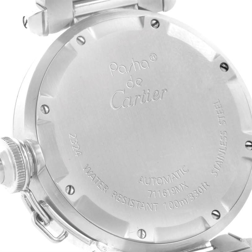 The image shows the backside of a Cartier Pasha W31074M7 Women's Stainless Steel White Dial W31074M7 Women's Stainless Steel White Dial watch, highlighting its engravings and caseback details.