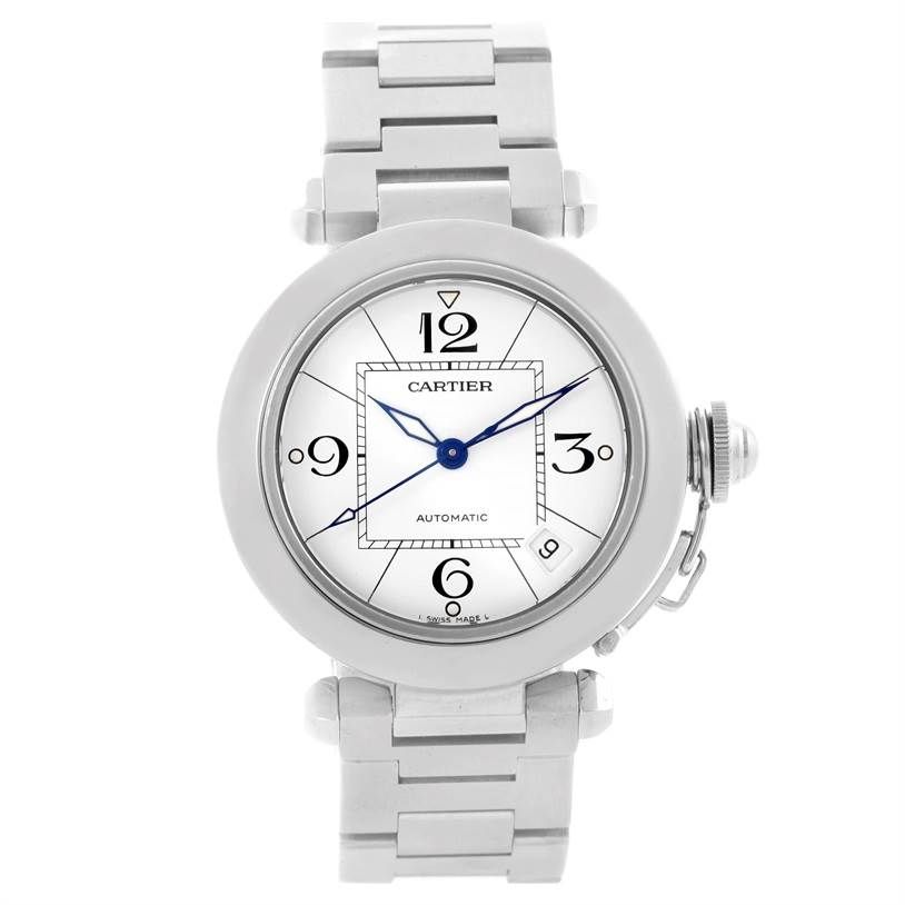 The image shows a front view of a Cartier Pasha W31074M7 Women's Stainless Steel White Dial W31074M7 Women's Stainless Steel White Dial model watch, highlighting its dial, markers, hands, and bracelet.