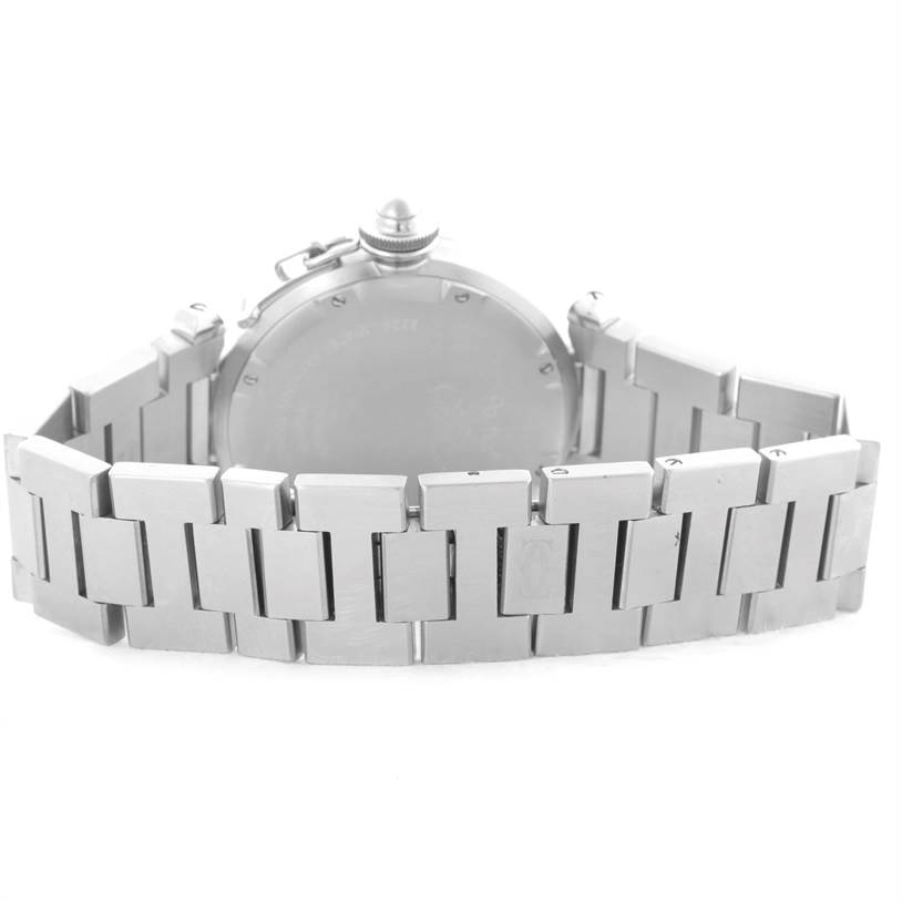 The image shows the back of a Cartier Pasha W31074M7 Women's Stainless Steel White Dial W31074M7 Women's Stainless Steel White Dial watch, displaying the case back and bracelet.