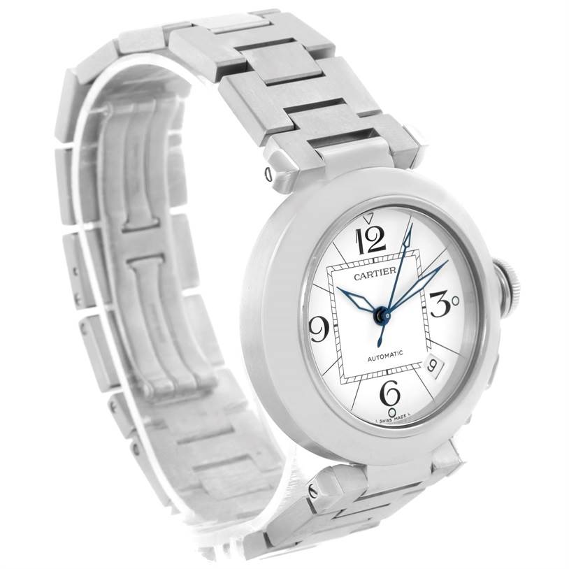 This image shows the Cartier Pasha W31074M7 Women's Stainless Steel White Dial W31074M7 Women's Stainless Steel White Dial watch at a three-quarter angle, highlighting the face, crown, and metal bracelet.