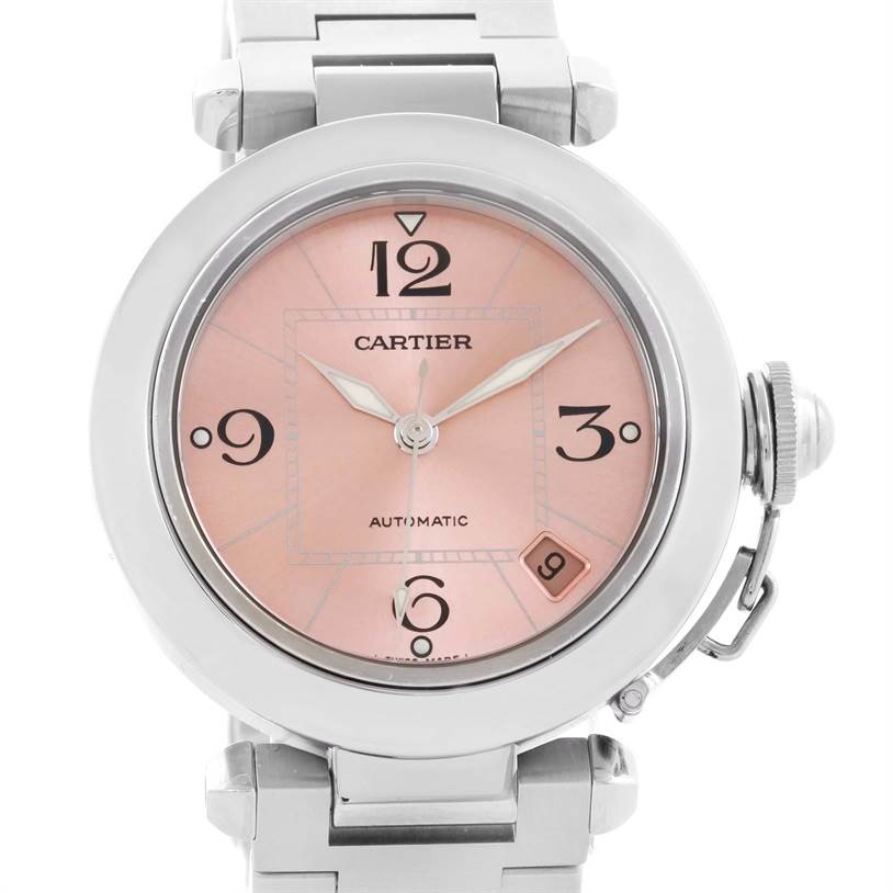 This image shows a front view of the Cartier Pasha W31075M7 Women
s Stainless Steel Pink Dial W31075M7 Women
s Stainless Steel Pink Dial watch, displaying its dial, hands, numerals, and bracelet.
