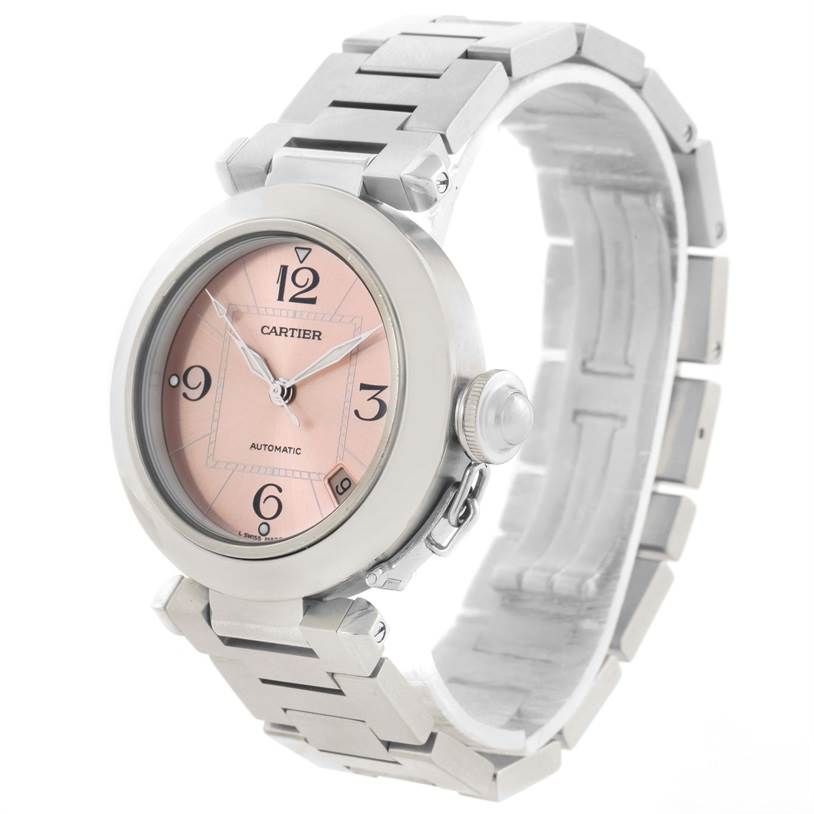 The image shows a Cartier Pasha W31075M7 Women
s Stainless Steel Pink Dial W31075M7 Women
s Stainless Steel Pink Dial watch at a three-quarter angle, highlighting the dial, bezel, crown, and part of the bracelet.